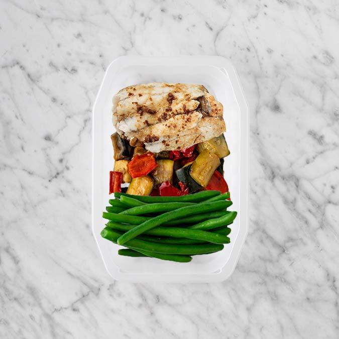 150g Honey Soy Barramundi 100g Char Veg 100g Green Beans