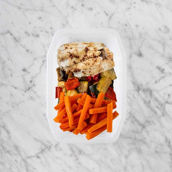 150g Honey Soy Barramundi 100g Char Veg 100g Honey Baked Carrots