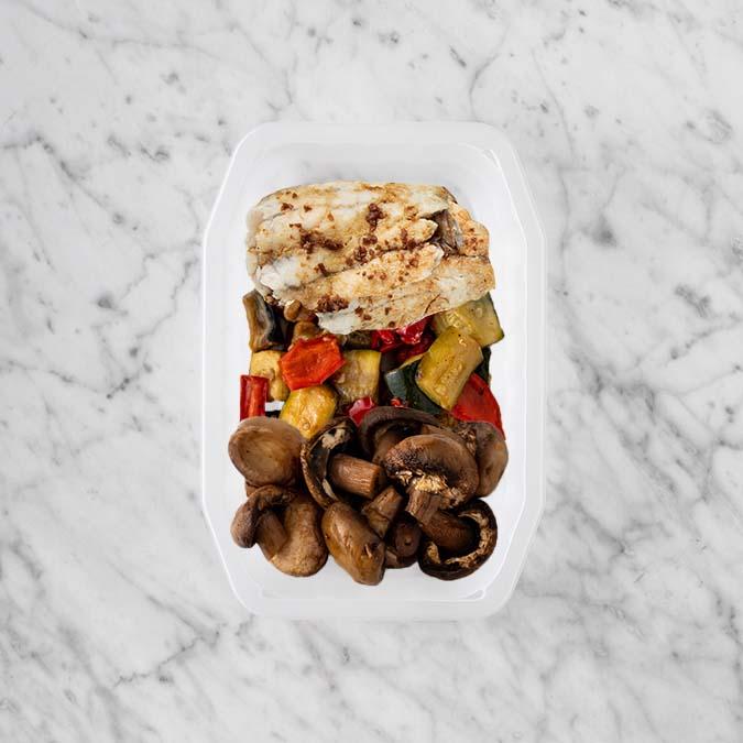 100g Honey Soy Barramundi 50g Char Veg 50g Mushrooms