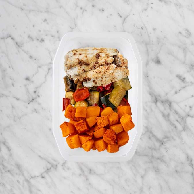 150g Honey Soy Barramundi 100g Char Veg 100g Rosemary Baked Sweet Potato