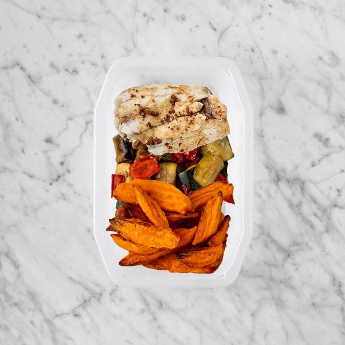 150g Honey Soy Barramundi 100g Char Veg 100g Sweet Potato Fries