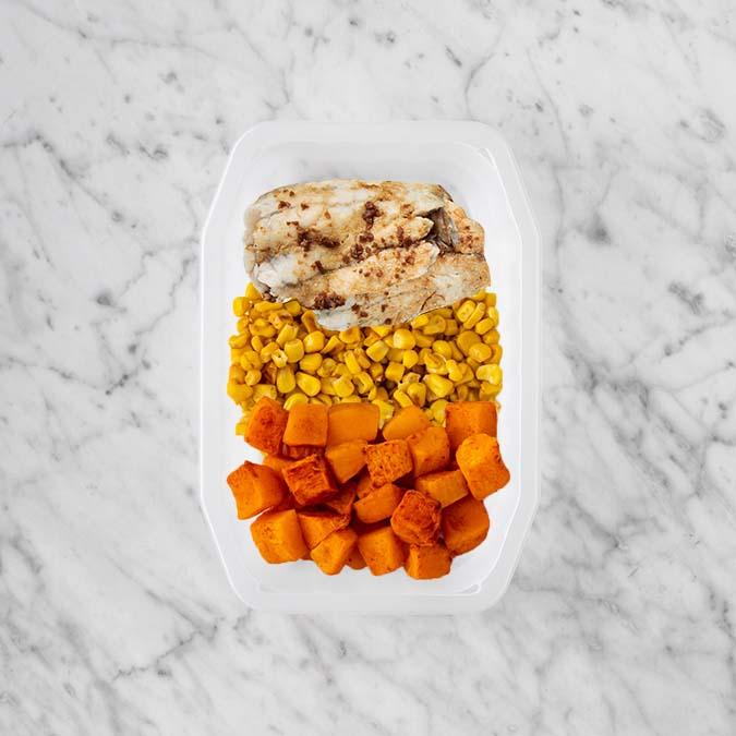 150g Honey Soy Barramundi 100g Corn 100g Rosemary Baked Sweet Potato