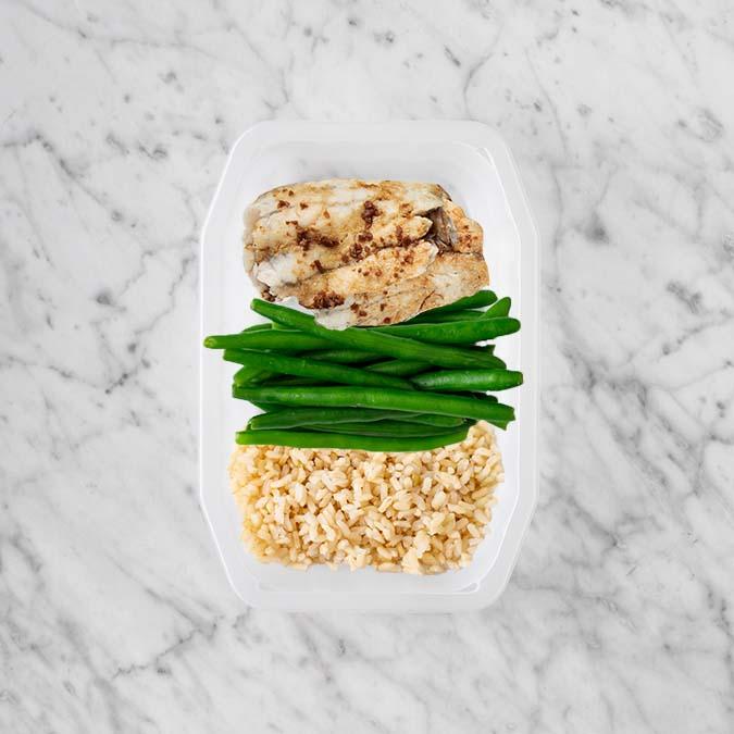 150g Honey Soy Barramundi 100g Green Beans 100g Brown Rice