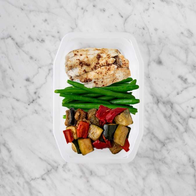 150g Honey Soy Barramundi 100g Green Beans 50g Char Veg