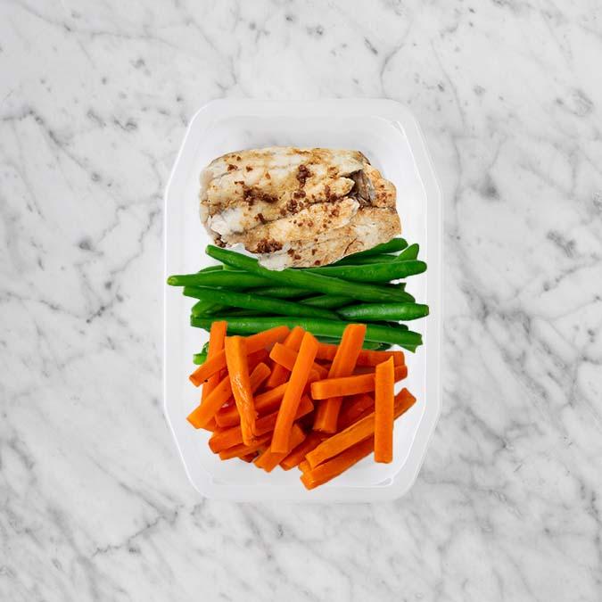 150g Honey Soy Barramundi 100g Green Beans 100g Honey Baked Carrots