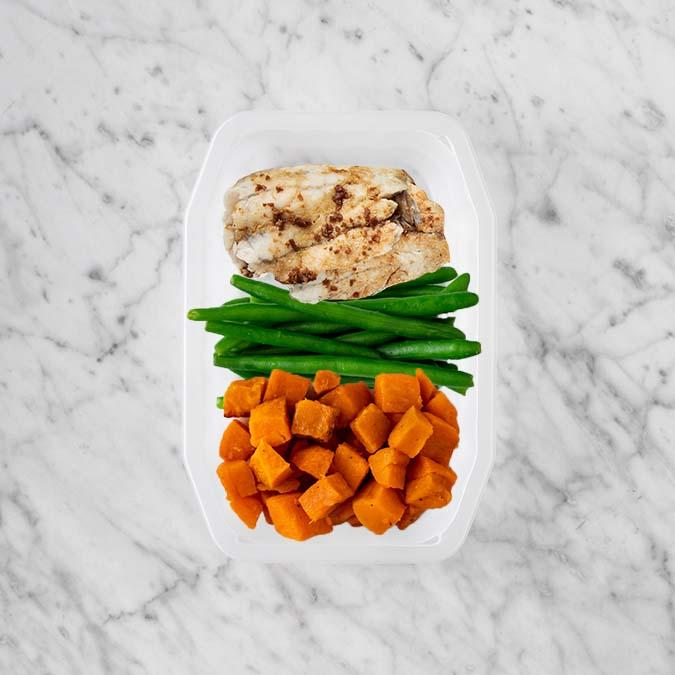100g Honey Soy Barramundi 50g Green Beans 50g Smokey Pumpkin