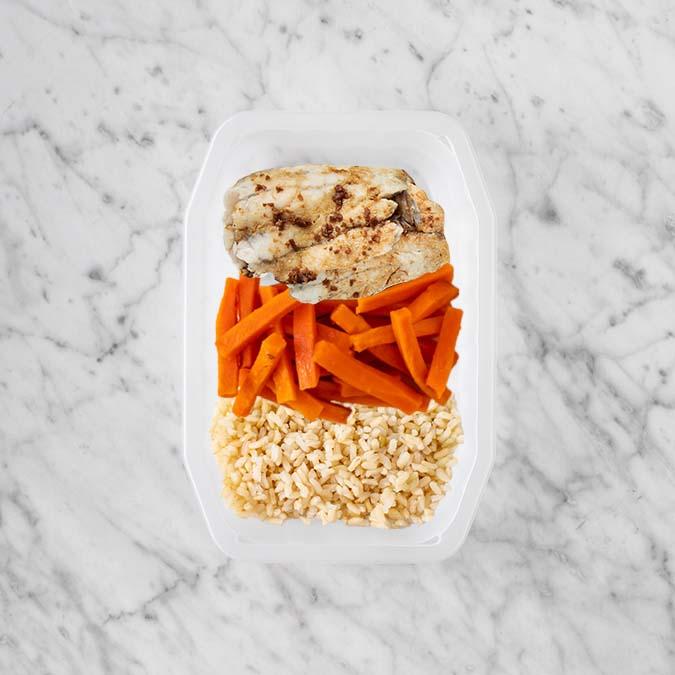 100g Honey Soy Barramundi 50g Honey Baked Carrots 50g Brown Rice