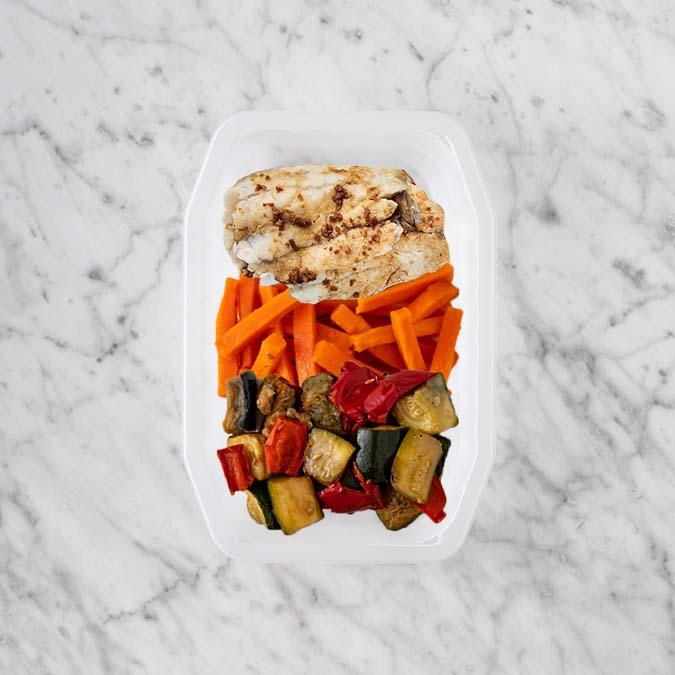 150g Honey Soy Barramundi 100g Honey Baked Carrots 100g Char Veg