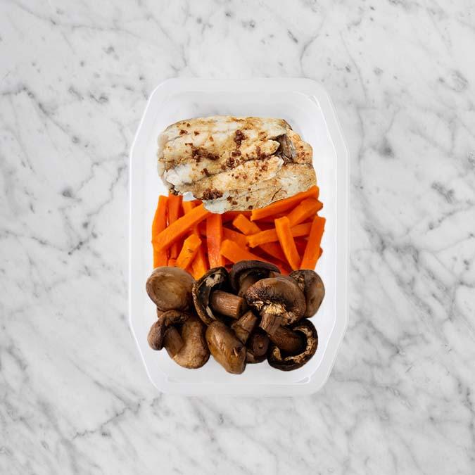 150g Honey Soy Barramundi 100g Honey Baked Carrots 100g Mushrooms