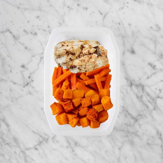 150g Honey Soy Barramundi 100g Honey Baked Carrots 100g Rosemary Baked Sweet Potato