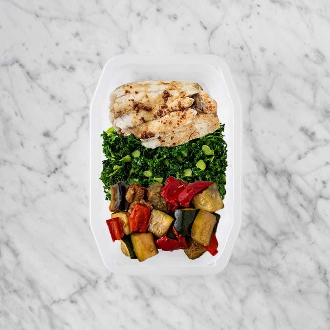 150g Honey Soy Barramundi 100g Kale 100g Char Veg