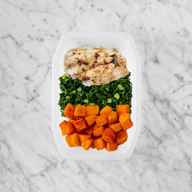 150g Honey Soy Barramundi 100g Kale 100g Rosemary Baked Sweet Potato