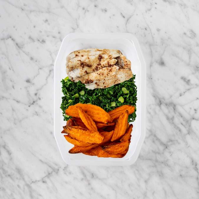 150g Honey Soy Barramundi 100g Kale 100g Sweet Potato Fries