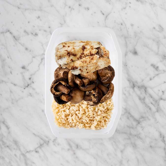 100g Honey Soy Barramundi 50g Mushrooms 50g Brown Rice