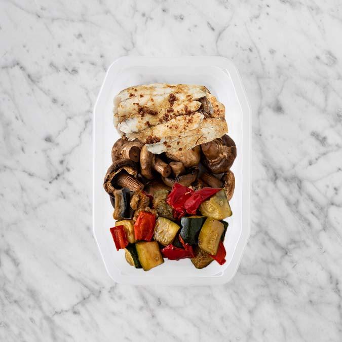 150g Honey Soy Barramundi 50g Mushrooms 50g Char Veg