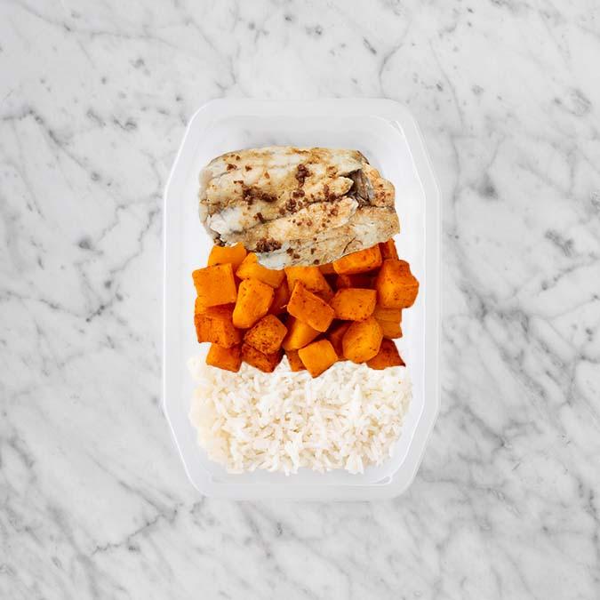 250g Honey Soy Barramundi 150g Rosemary Baked Sweet Potato 200g Basmati Rice