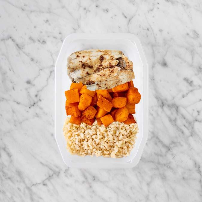 150g Honey Soy Barramundi 100g Rosemary Baked Sweet Potato 100g Brown Rice