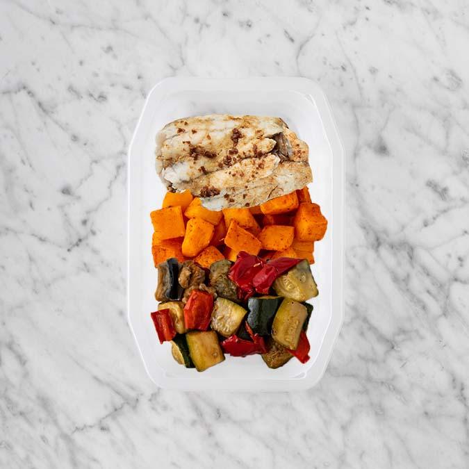 150g Honey Soy Barramundi 100g Rosemary Baked Sweet Potato 100g Char Veg