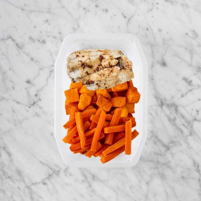 150g Honey Soy Barramundi 100g Rosemary Baked Sweet Potato 100g Honey Baked Carrots