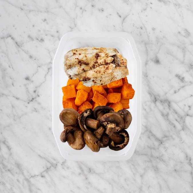 150g Honey Soy Barramundi 100g Rosemary Baked Sweet Potato 100g Mushrooms