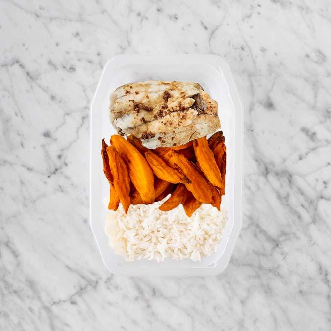 250g Honey Soy Barramundi 150g Sweet Potato Fries 200g Basmati Rice
