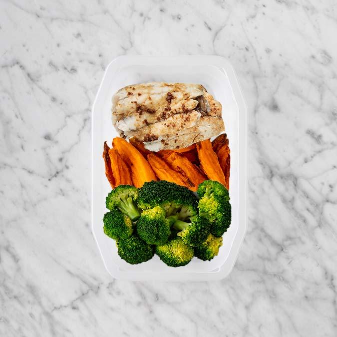 150g Honey Soy Barramundi 100g Sweet Potato Fries 100g Broccoli
