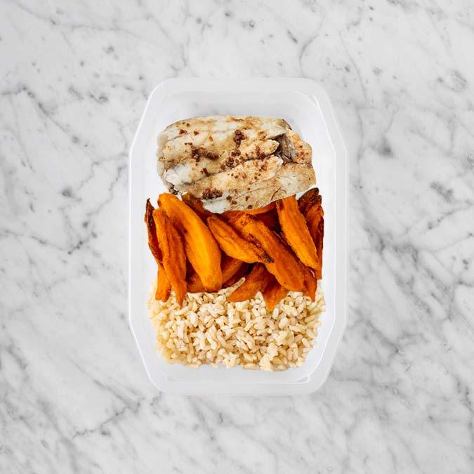 100g Honey Soy Barramundi 100g Sweet Potato Fries 100g Brown Rice