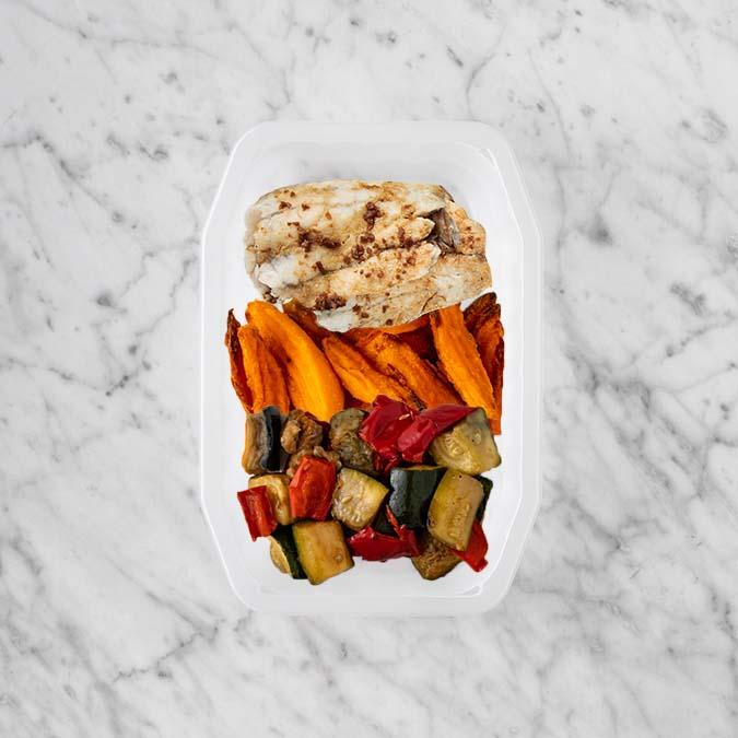 150g Honey Soy Barramundi 150g Sweet Potato Fries 100g Char Veg