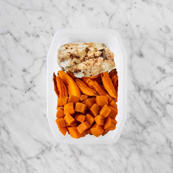 150g Honey Soy Barramundi 100g Sweet Potato Fries 50g Smokey Pumpkin