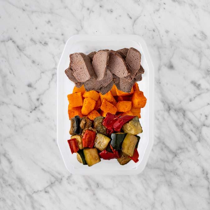 150g Mediterranean Lamb 150g Rosemary Baked Sweet Potato 150g Char Veg