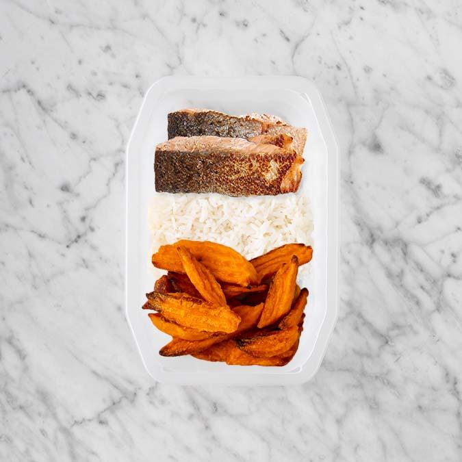 200g Salmon 100g Basmati Rice 100g Sweet Potato Fries