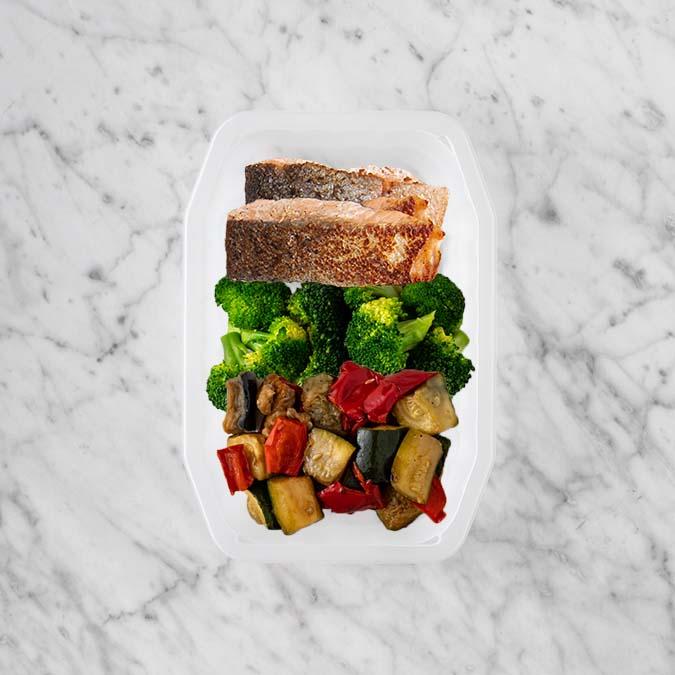 150g Salmon 50g Broccoli 50g Char Veg
