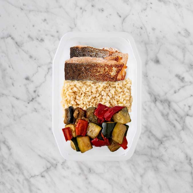 100g Salmon 100g Brown Rice 100g Char Veg