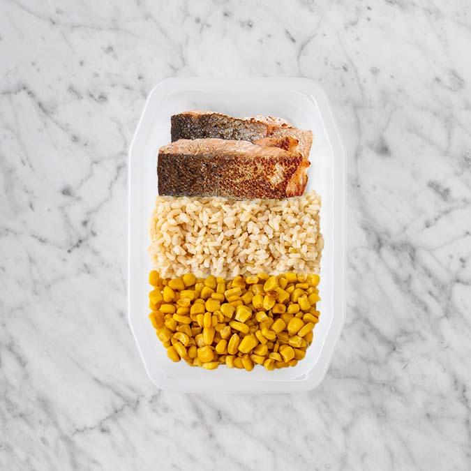 150g Salmon 100g Brown Rice 100g Corn