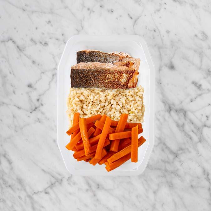 150g Salmon 100g Brown Rice 100g Honey Baked Carrots