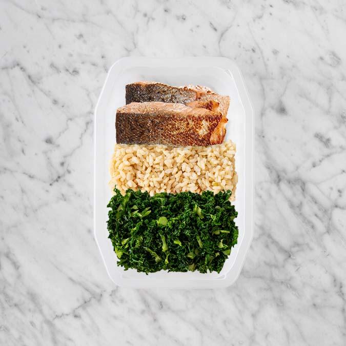 150g Salmon 100g Brown Rice 100g Kale