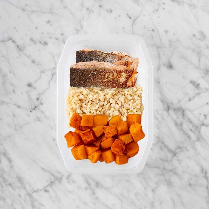 200g Salmon 100g Brown Rice 100g Rosemary Baked Sweet Potato