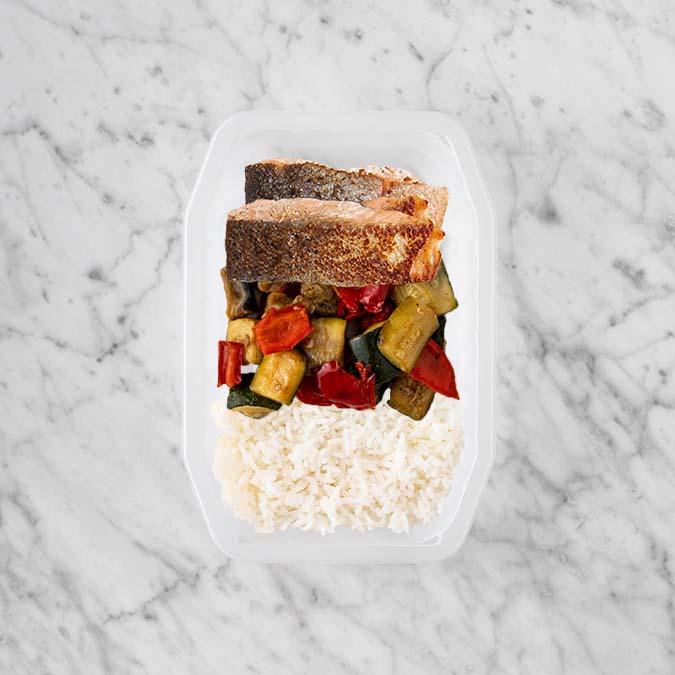 150g Salmon 100g Char Veg 100g Basmati Rice