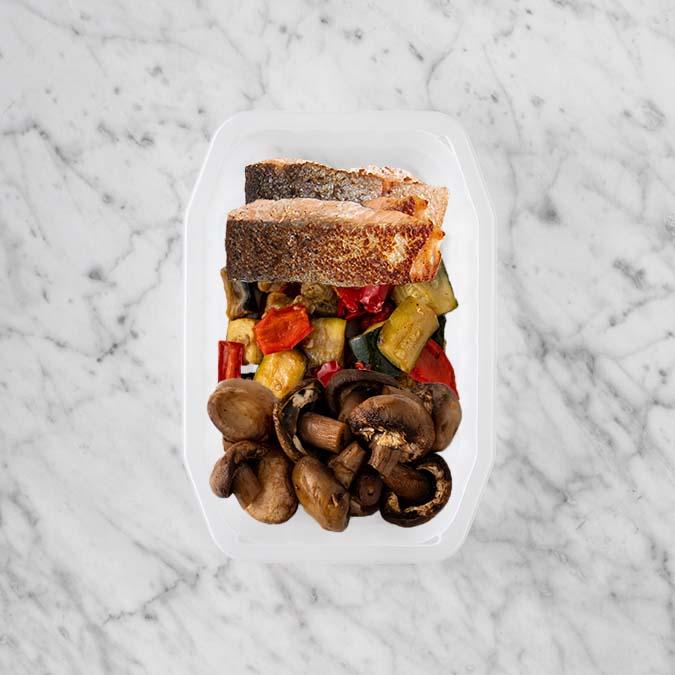 150g Salmon 100g Char Veg 100g Mushrooms