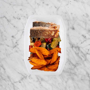 150g Salmon 100g Char Veg 100g Sweet Potato Fries