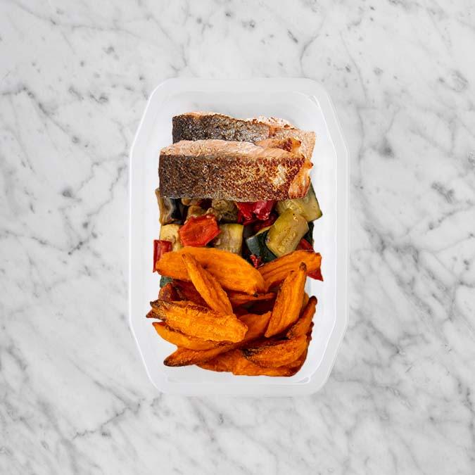150g Salmon 100g Char Veg 100g Sweet Potato Fries