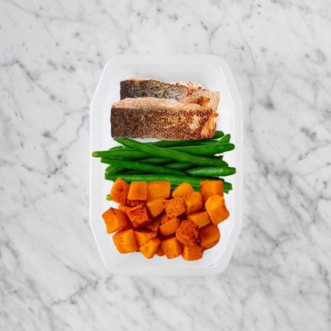 150g Salmon 100g Green Beans 100g Rosemary Baked Sweet Potato