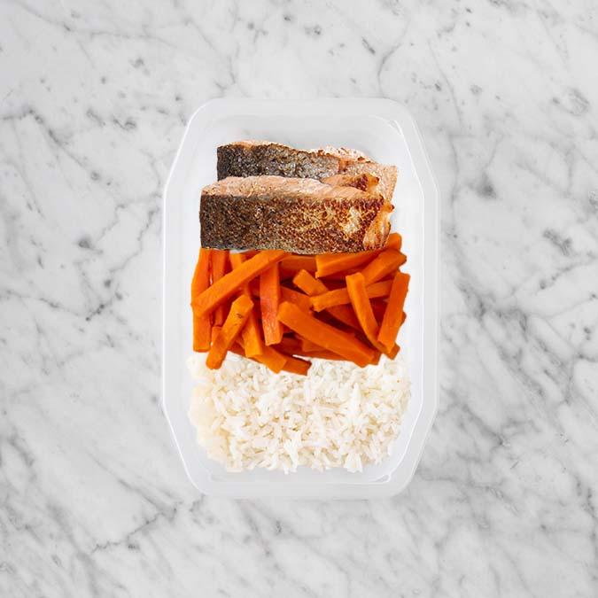 150g Salmon 100g Honey Baked Carrots 100g Basmati Rice