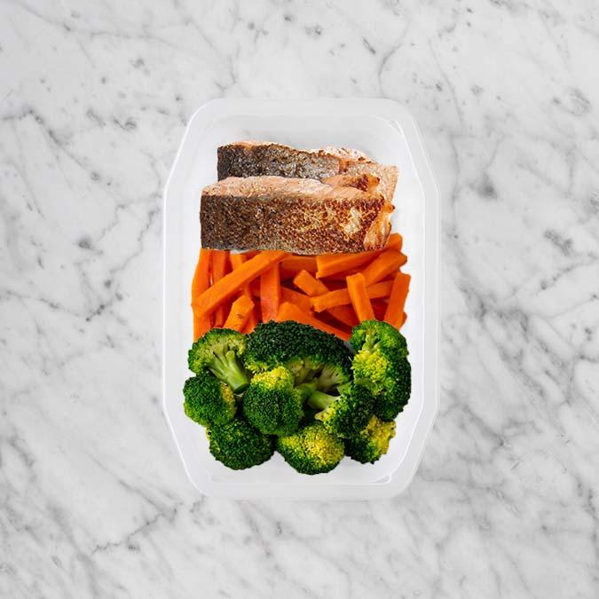 100g Salmon 100g Honey Baked Carrots 100g Broccoli
