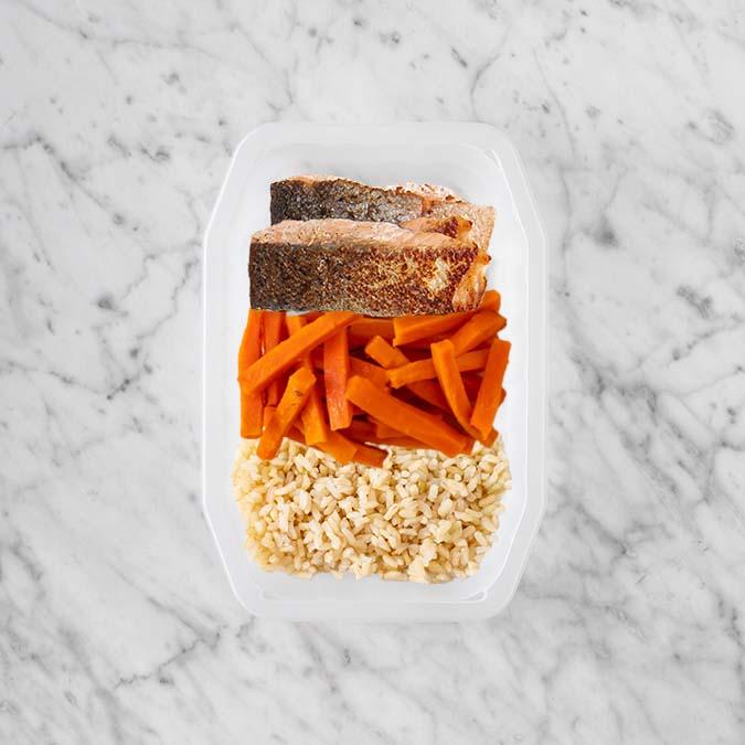150g Salmon 50g Honey Baked Carrots 50g Brown Rice
