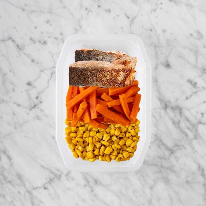 150g Salmon 100g Honey Baked Carrots 100g Corn