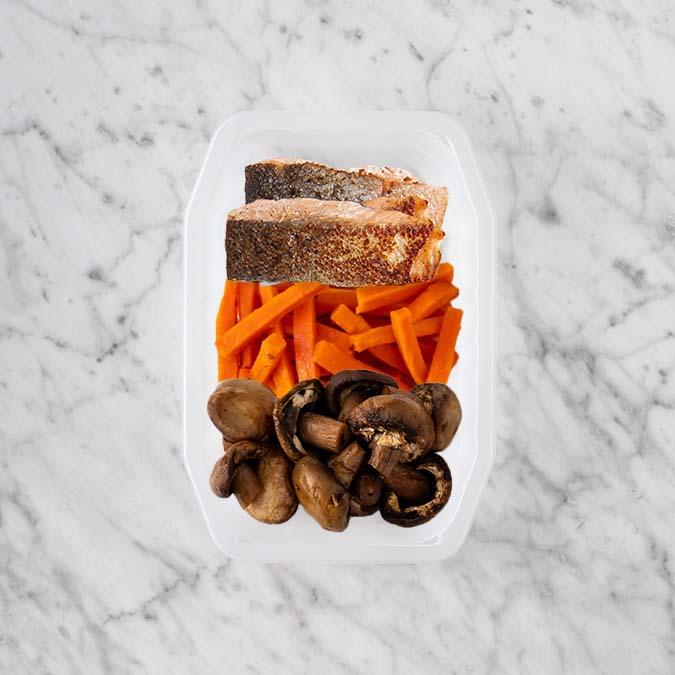 100g Salmon 50g Honey Baked Carrots 50g Mushrooms