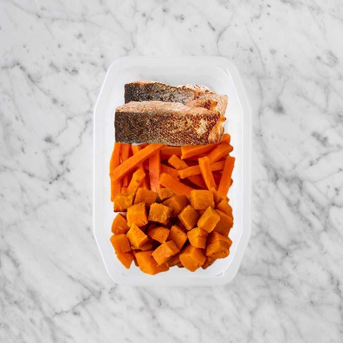 150g Salmon 100g Honey Baked Carrots 100g Smokey Pumpkin
