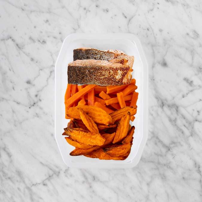 150g Salmon 100g Honey Baked Carrots 100g Sweet Potato Fries