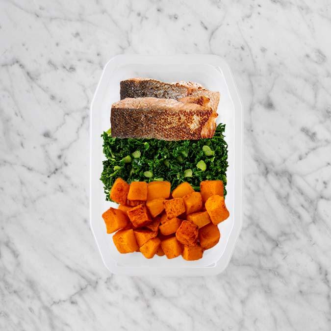 150g Salmon 100g Kale 100g Rosemary Baked Sweet Potato